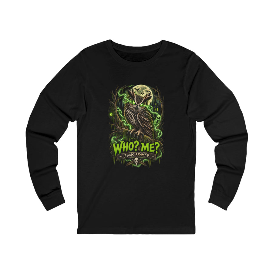 Long Sleeve Tee — "Who? Me? I Am Sinner" Gothic Owl Graphic