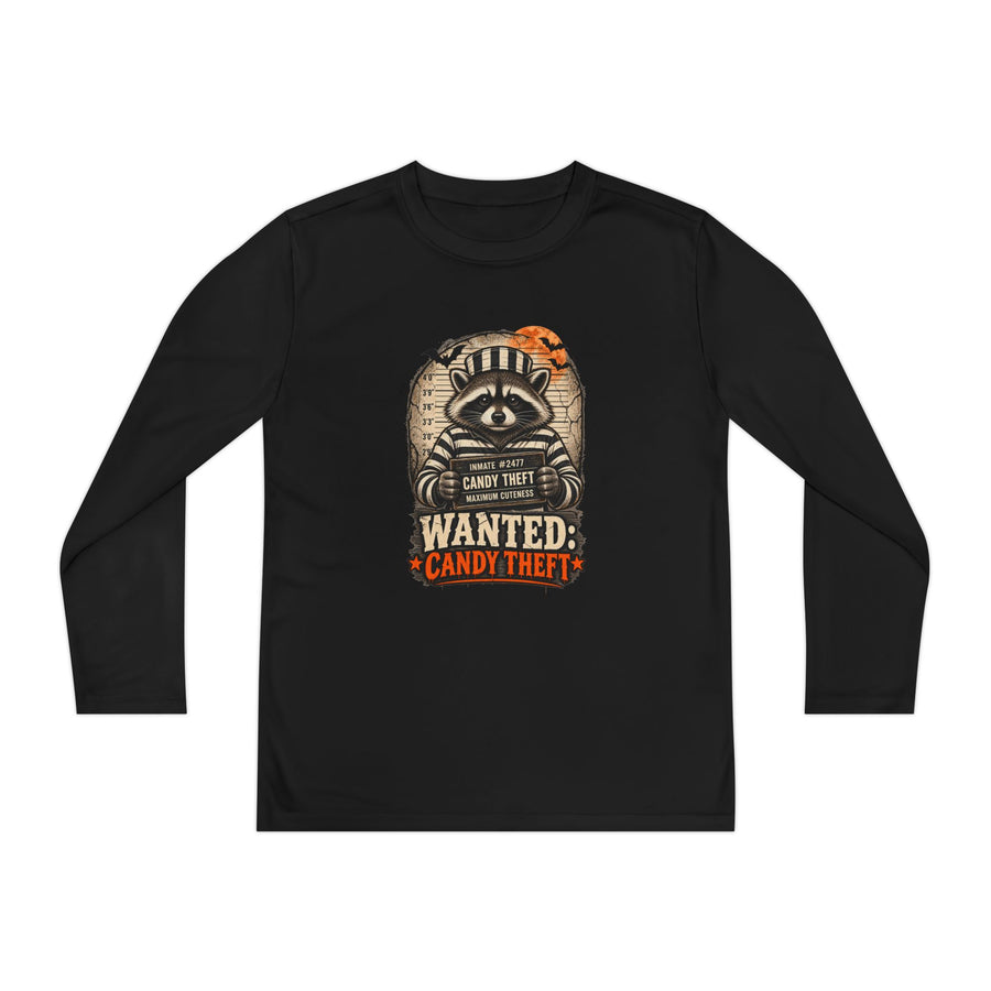 Youth Long Sleeve Tee — "Wanted: Candy Theft" Halloween Graphic