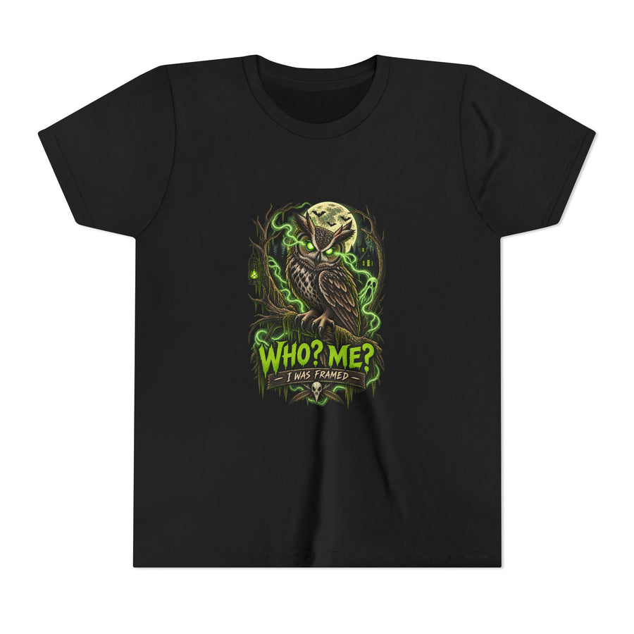 Youth Tee — 'Who? Me? I Was Framed!' Spooky Owl Halloween Shirt