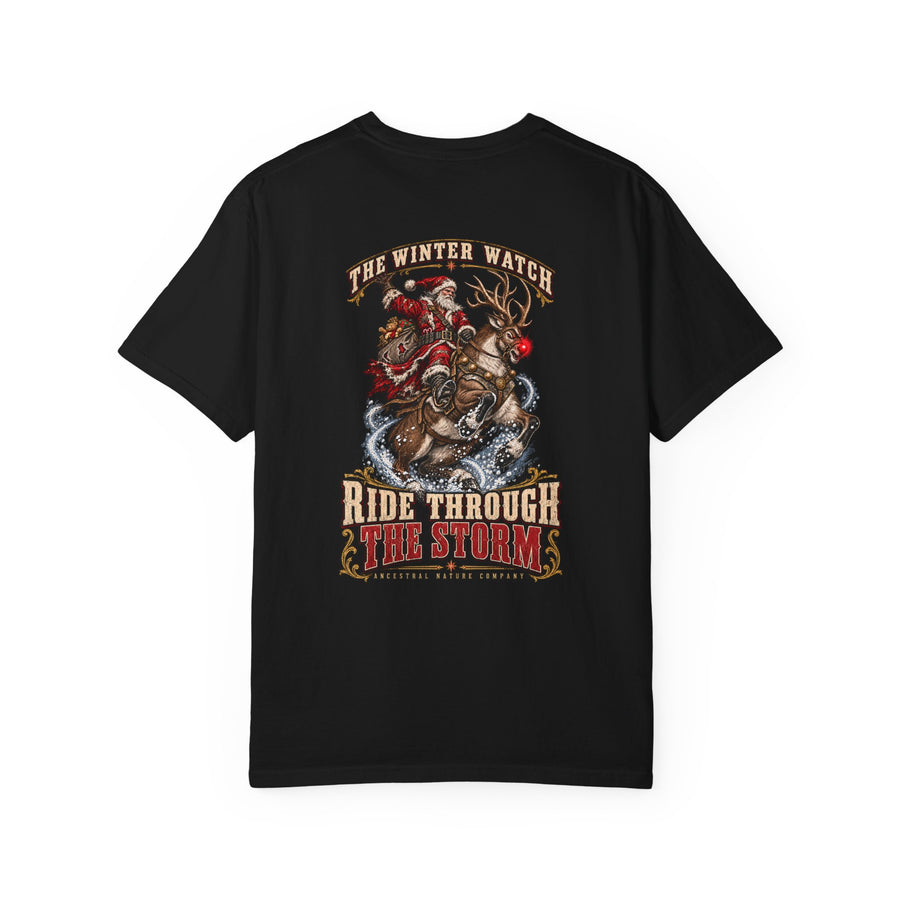 Ride Through the Storm Holiday T-Shirt — 'The Winter Watch' Santa & Reindeer Graphic