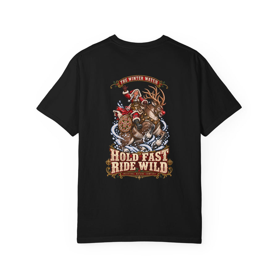 Holiday Ride T-Shirt — "Hold Fast Ride Wild" Santa Reindeer Graphic