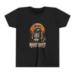 Night Shift Youth Tee — Halloween Raccoon Skeleton Graphic Shirt