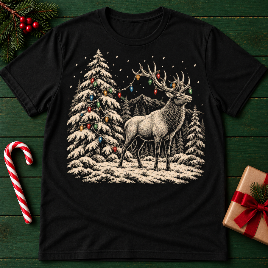 Elk & Pine Forest T-Shirt — Vintage Nature Graphic Tee