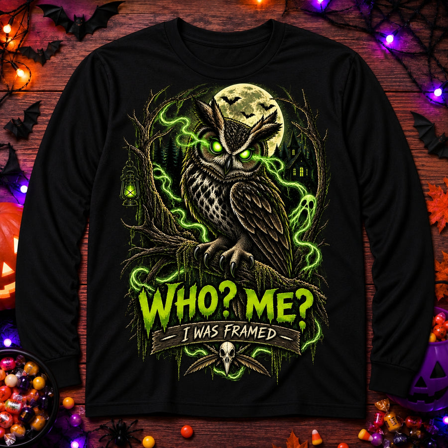 Long Sleeve Tee — "Who? Me? I Am Sinner" Gothic Owl Graphic
