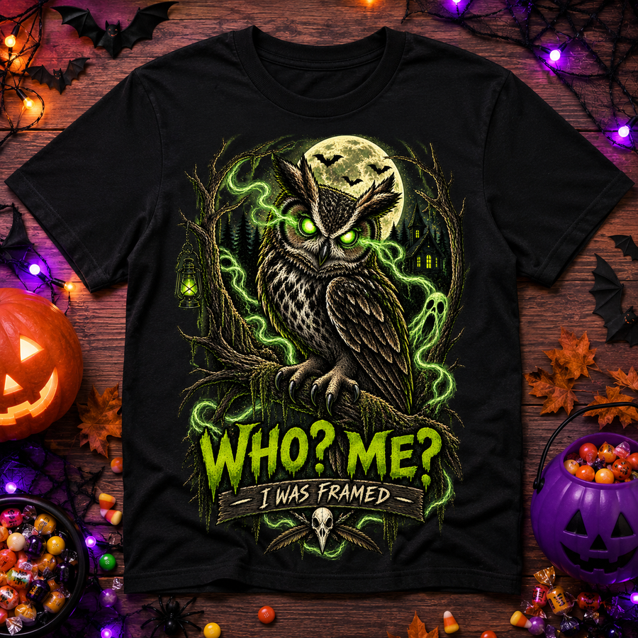 Youth Tee — 'Who? Me? I Was Framed!' Spooky Owl Halloween Shirt