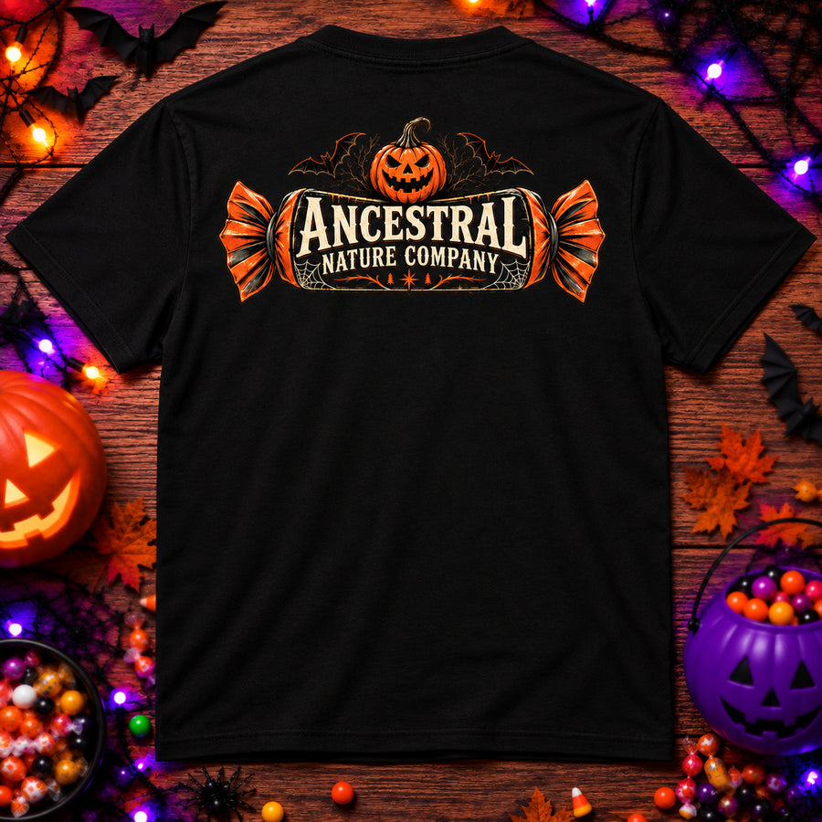Youth Tee — "Wanted: Candy Theft" Halloween Raccoon Graphic back view