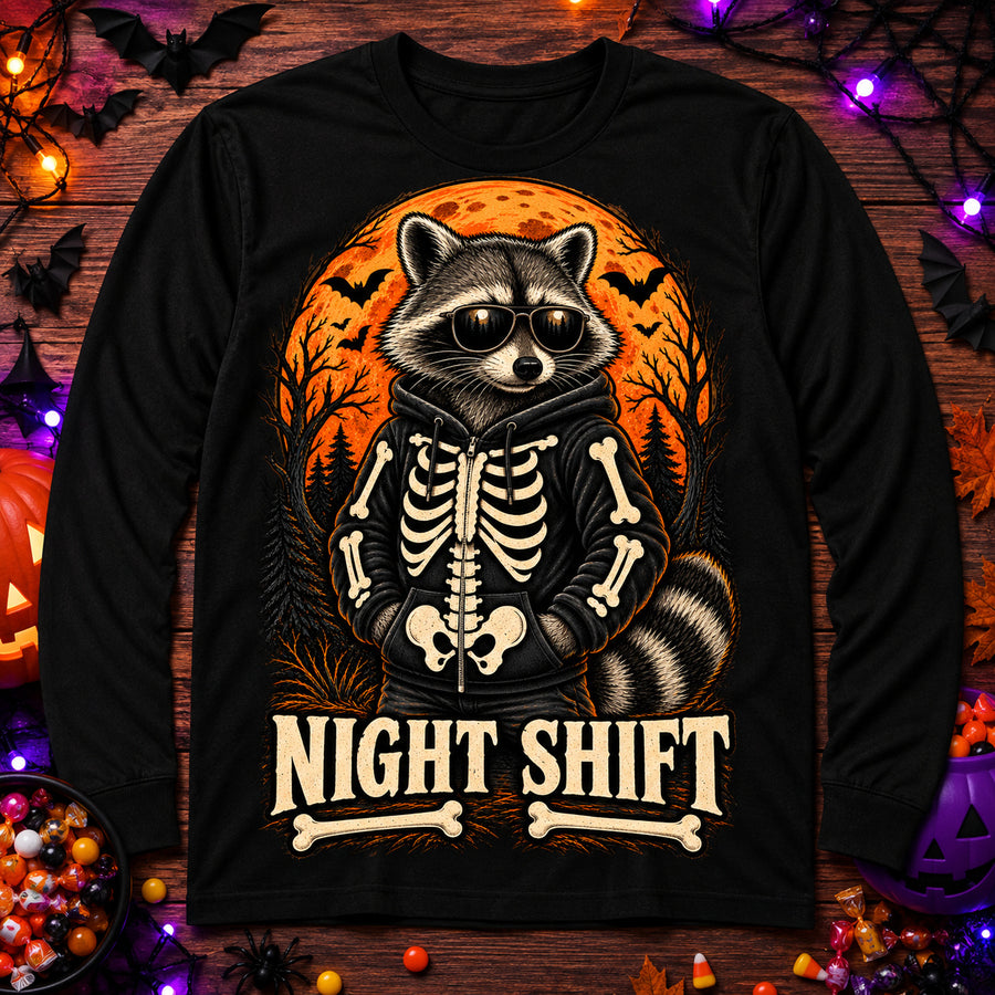Youth Long Sleeve Tee — Night Shift Raccoon Skeleton Graphic