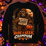 Youth Long Sleeve Tee — "Hide & Seek Champion" Halloween Candy Bear Shirt