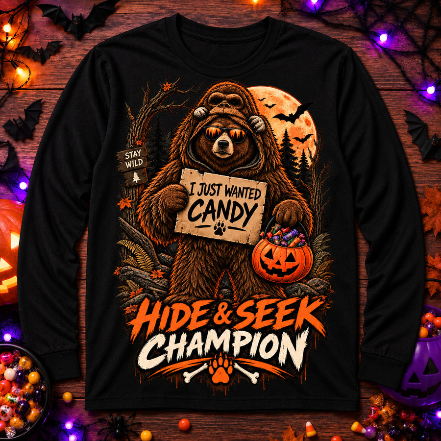 Youth Long Sleeve Tee — "Hide & Seek Champion" Halloween Candy Bear Shirt