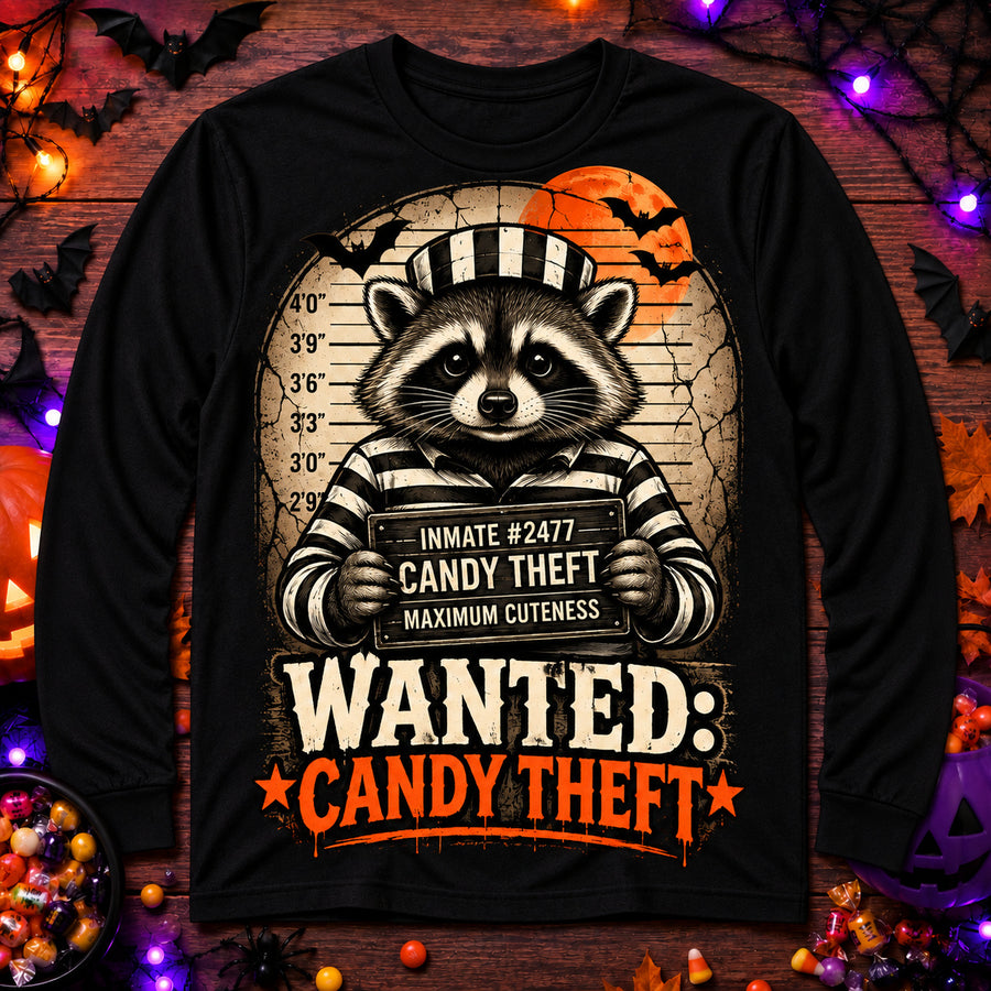 Youth Long Sleeve Tee — "Wanted: Candy Theft" Halloween Graphic