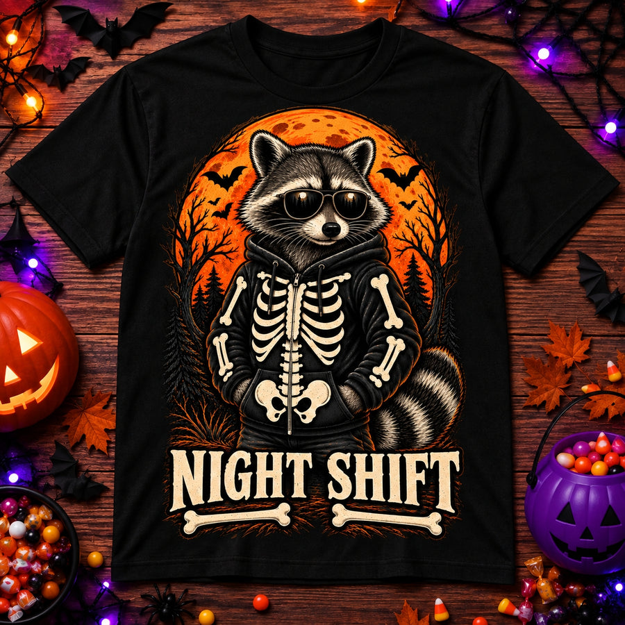 Night Shift Youth Tee — Halloween Raccoon Skeleton Graphic Shirt