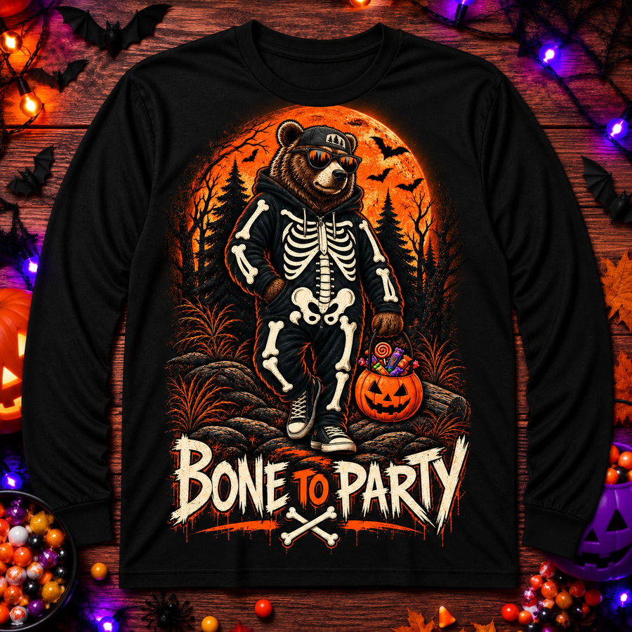 Adult - Halloween "Bone to Party" Long Sleeve Tee – Skeleton Dog Pumpkin Graphic
