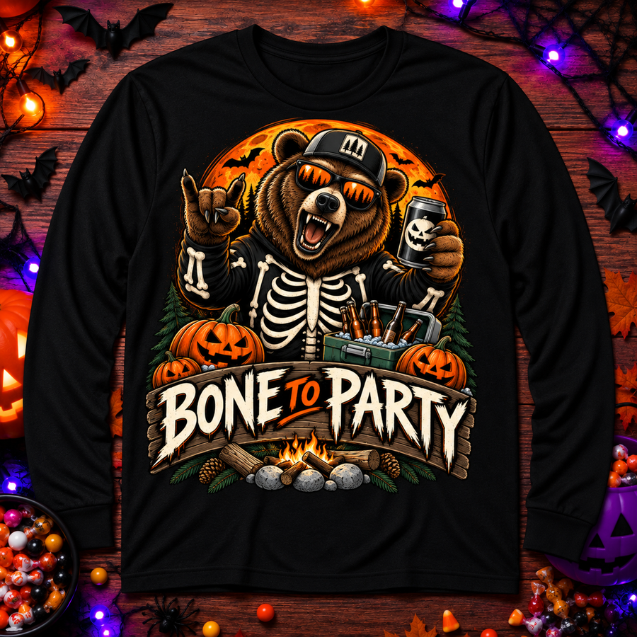 Adult - Bone to Party Long Sleeve Tee — Halloween Bear Skeleton Design