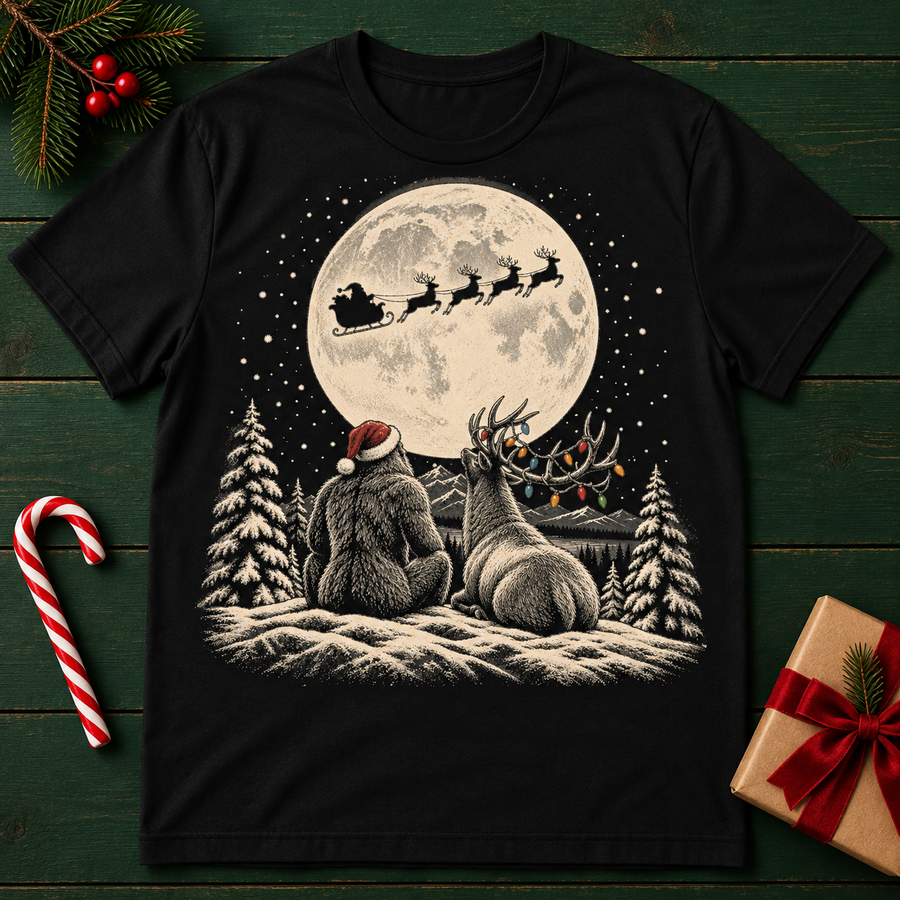 Christmas Moonlight Tee — Santa Sleigh Over Forest