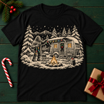 Camping Camper T-Shirt — Vintage Trailer, Campfire & Snowy Forest Graphic