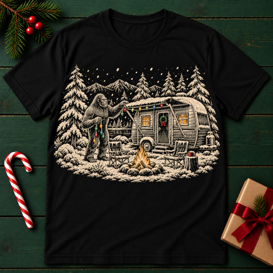 Camping Camper T-Shirt — Vintage Trailer, Campfire & Snowy Forest Graphic