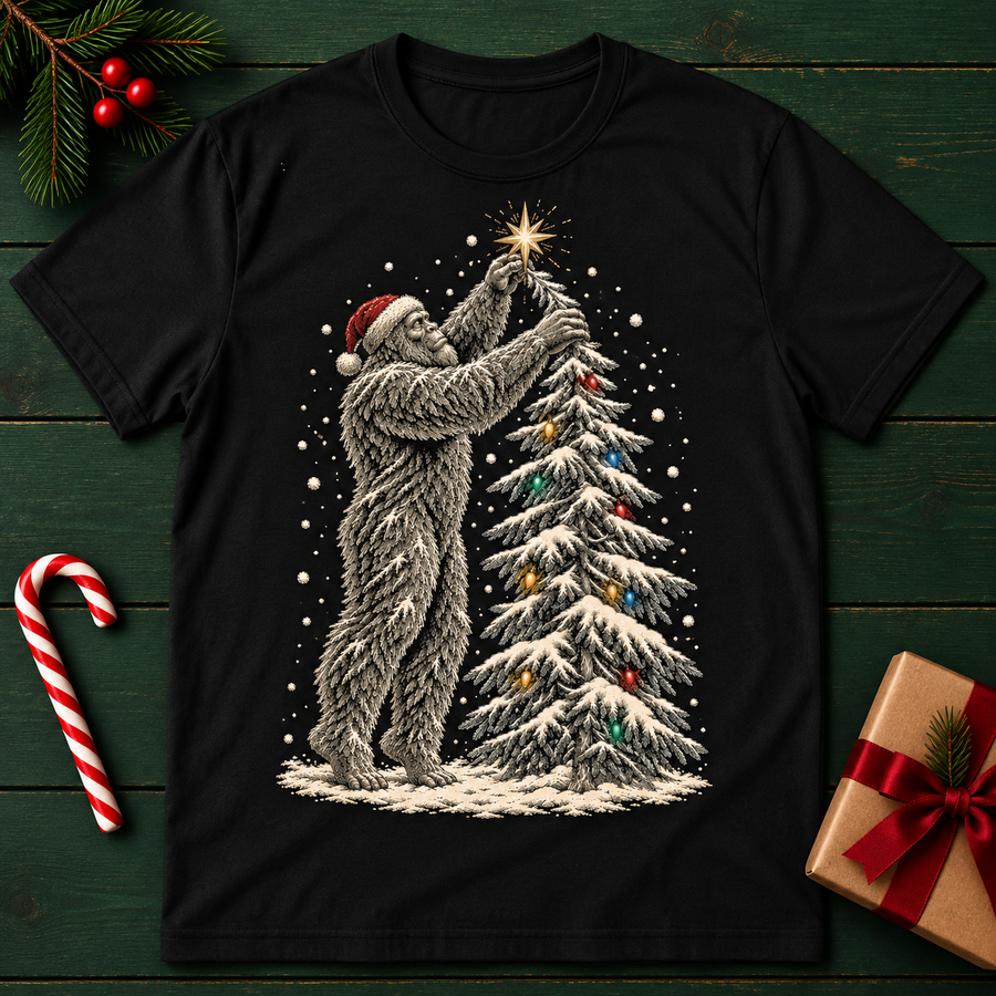 Christmas Sasquatch Tree T-Shirt — Festive Sasquatch Decorating Pine (Ancestral Nature Company)