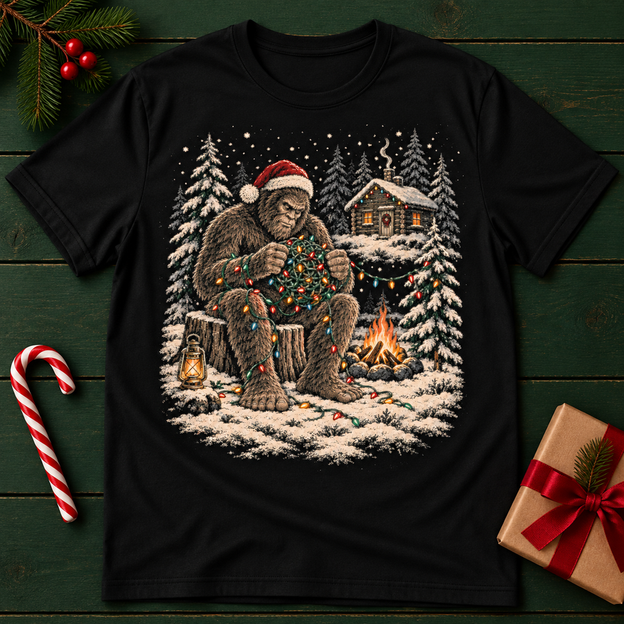 Bigfoot Christmas Campfire T-Shirt — Sasquatch Santa Winter Cabin Graphic Tee
